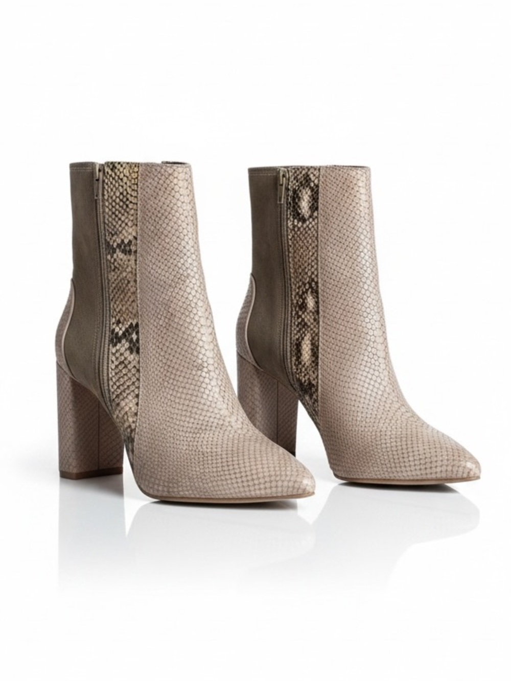 Matisse Beige and Taupe Suede Snake-Panel Block Heel Booties